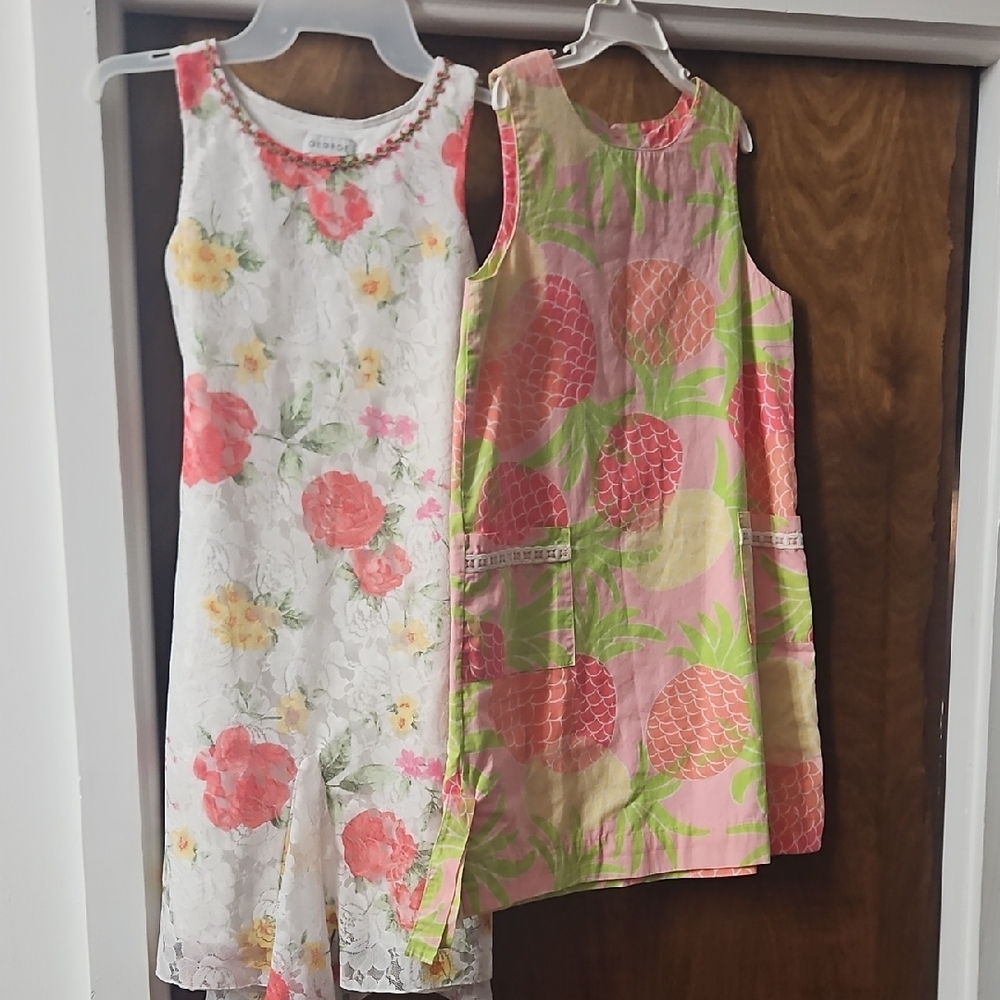 George White Dress with Pink and Green Floral Trim Also Lilly Pulitzer Pink Pine